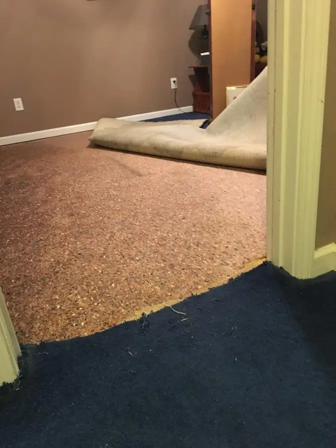 Carpet pad removal revealing water damage during Water Mitigation Services in Parkville